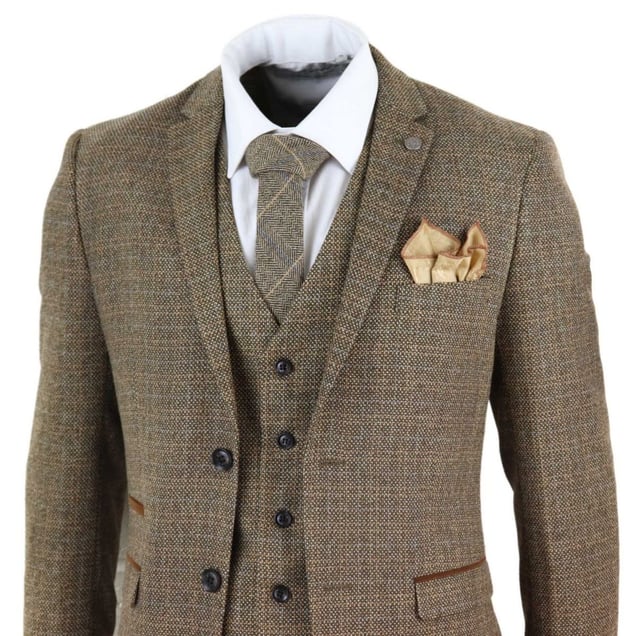 Max out on Tweed and Check with this three piece suit, A timeless design with both vintage appeal and practicality. Created using a Tweed weave of rich wool mix material and brown piped velvet pocket trimmings, this suit will keep you well insulated and will successfully stand the test of time. Ideal for country barn weddings, proms, parties and much more