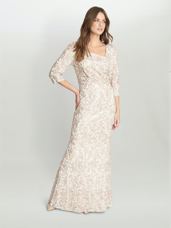 Lilenne Asymmetrical Neck 3 4 Sleeve Sequin Lace Dress