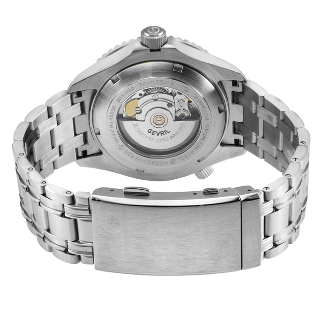 The Gevril 48832B Men's Hudson Yards Automatic Watch is a masterpiece that blends design and functionality. Part of the Divers Collection, it draws inspiration from Manhattan's vibrant lower west side. With seven distinctive styles, it caters to both underwater exploration and fine dining. The watch faces come in classic black, vibrant green, or diver blue, paired with gold or silver stainless steel. Powered by Sellita's Swiss automatic movements, it boasts water resistance up to 300 meters and a helium release valve.

The bracelet, resembling a well-laid train track, is durable and stylish. Luminous markers and a ceramic rotating bezel add flair. This watch transcends from oceanic depths to Michelin-starred heights, epitomizing opulence and functionality. Key features include a 43mm stainless steel case, black carbide bezel, date/day function, exhibition case back, and a two-toned IPYG dive extension bracelet. With anti-reflective sapphire crystal, it's water-resistant up to 300 meters, driven by the Sellita SW220-1 Swiss automatic movement.