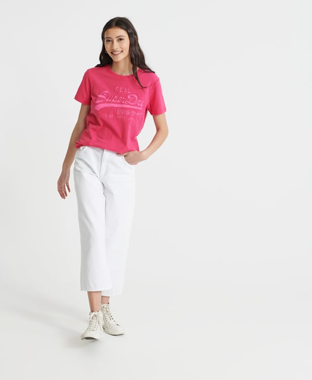 Superdry Vintage Logo Tonal Embroidery T-Shirt Superdry women's Vintage Logo tonal embroidery t-shirt. This classic short sleeved tee features a crew neckline, and is finished with a large embroidered Superdry logo across the chest.Slim fit – designed to fit closer to the body for a more tailored look