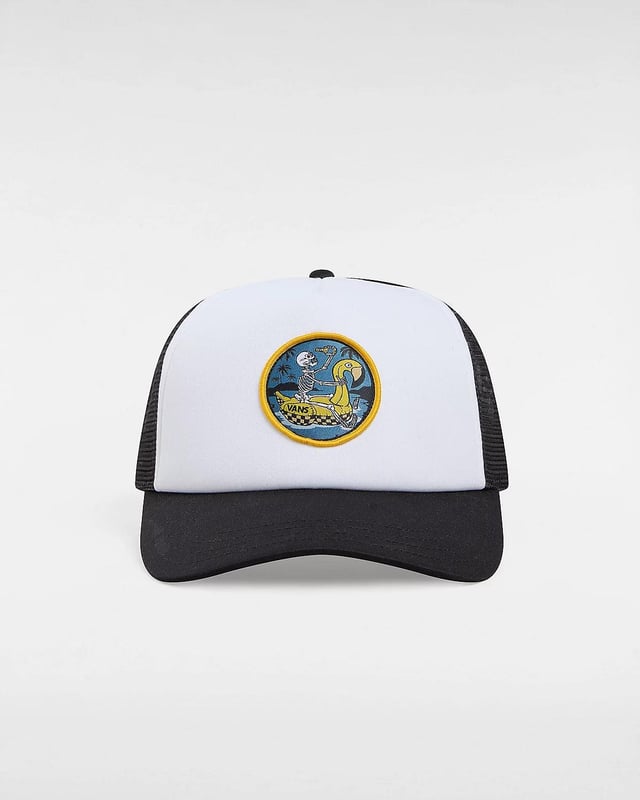 Complete your casual look with the Vans Beer Float Trucker Cap in White. Crafted from 100% polyester, this cap offers both style and comfort for your everyday adventures.

Featuring a mesh back and curved bill design, this trucker cap not only adds a touch of urban edge to your outfit but also keeps you cool and ventilated during warmer days. The standout feature is the merrow edge patch on the front, showcasing a playful design that adds a dash of fun and character to your look.

Whether you're hitting the beach, hanging out with friends, or just want to top off your outfit with a cool accessory, the Vans Beer Float Trucker Cap is the perfect choice.