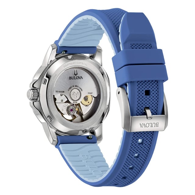 This Bulova Marine Star Analogue Watch for Women is the perfect timepiece to wear or to gift. It's Silver 34 mm Round case combined with the comfortable Blue Silicone watch band will ensure you enjoy this stunning timepiece without any compromise. Operated by a high quality Automatic movement and water resistant to 10 bars, your watch will keep ticking. High quality 19 cm length and 17 mm width Blue Silicone strap with a Buckle Case diameter: 34 mm,case thickness: 10 mm, case colour: Silver and dial colour: Mother of pearl Water resistant: 10 bars-Weight: 60 g
