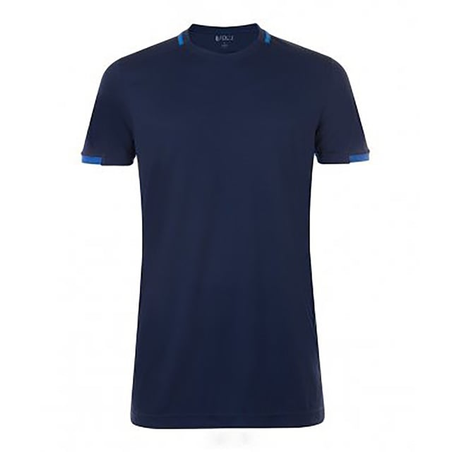 Heren voetbal t-shirt. Ademend polyester gaas. V-hals met contrasterende afwerking. Voorwaartse schoudernaden. Contrasterende gaas zijpanelen. Tweelingnaalds stikwerk. 150 g/m². Stof: 100% polyester. Herenborst (voor inches): S(36/38), M(38/40), L(41/42), XL(43/44), XXL(45/47).