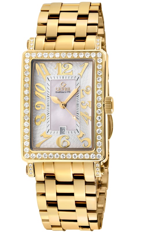 Gevril 7444YLB Avenue of Americas Mini Swiss Quartz Diamond Watch
Gevril Women's Diamond Swiss Quartz Watch from the Avenue of Americas Mini Collection
33x25 Rectangle 316L Stainless Steel IPYG Diamond Case, White MOP Dial
Guilloche dial and a highly stylized Arabic numeral display that is raised off the surface of the dial
Push/Pull Crown, Date at 6:00
Limited Edition
IP Yellow Gold Bracelet With Deployment Buckle
Anti-reflective Sapphire Crystal
Water Resistant to 50 Meters/5ATM
Swiss Quartz Movement Ronda 784