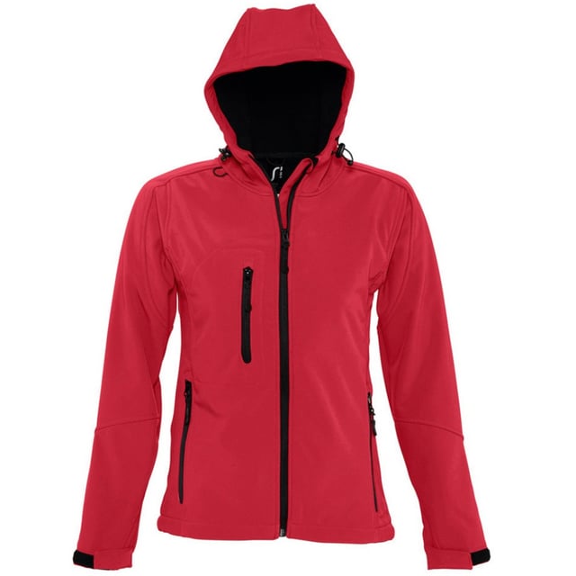 Breathable, windproof and water resistant. Shaped fit. Taped neckline. Hood with adjustable drawcord. Collar high full zip with inner storm flap and chin guard. Two front zip pockets and one right chest zip pocket. Tear release adjustable cuffs. Adjustable drawcord at hem. Drop tail. Access for decoration. Material: Stretch soft shell fabric has a 94% polyester/6% elastane outer, membrane and polyester fleece backing. Ladies size: S(8/10), M(12), L(14), XL(16), XXL(18).