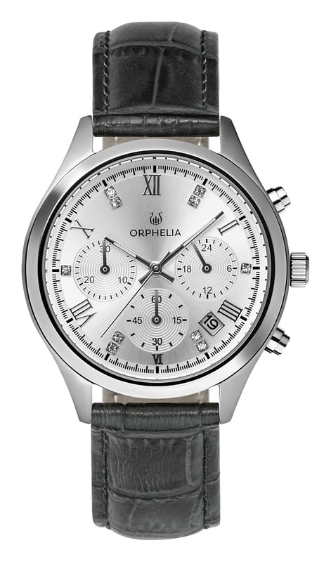 Dieser Orphelia Regal Chronograph für Damen ist die perfekte Uhr zum Tragen oder Verschenken. Ihr silbernes, rundes 38-mm-Gehäuse in Kombination mit dem bequemen grauen Lederarmband sorgt dafür, dass Sie diese atemberaubende Uhr ohne Kompromisse genießen können. Angetrieben von einem hochwertigen Quarzwerk und wasserdicht bis 5 Bar, tickt Ihre Uhr endlos. MODERNES LUXUSDESIGN: Dieser Orphelia Regal Chronograph mit japanischem Miyota-Quarzwerk verfügt über eine Datumsanzeige. Das Zifferblatt ist mit wunderschönen Steinen mit römischen Ziffern besetzt. Einige zusätzliche Features sind eine 24-Stunden-Anzeige und Leuchtzeiger. Diese Uhr verleiht Ihnen einen luxuriösen Look. PREMIUM-QUALITÄT: Durch die Verwendung hochwertiger Materialien – Glas: Mineralglas, Gehäusematerial: Edelstahl, Armbandmaterial: Krokodilgeprägtes Leder – Wasserdicht: 5 Bar KOMPAKTE GRÖSSE: Gehäusedurchmesser: 38 mm, Höhe: 10 mm, Armbandlänge: 22 cm, Breite: 17 mm. Durch diese praktische handliche Größe ist die Uhr absolut alltagstauglich-Gewicht: 44 g