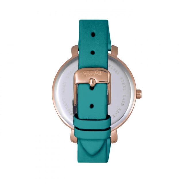 Polished Alloy Case; Precision Japanese Quartz Movement; Non-Glare Scratch-Resistant Mineral Crystal; Swarovski Crystals on Dial; Logo Engraved Stainless Steel Caseback; Genuine Leather Strap; Logo-Engraved Stainless Steel Clasp; 35mm Case Diameter; 3ATM Water Resistance;