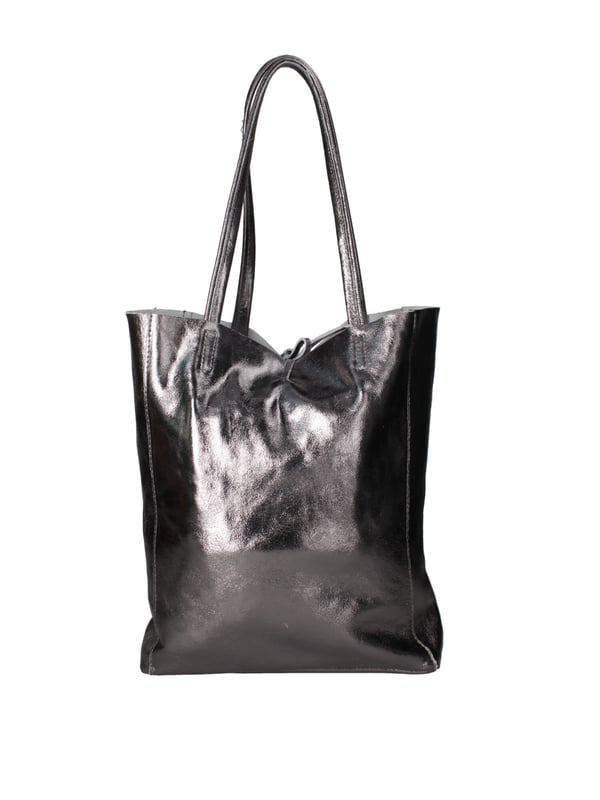 Bolso shopper para mujer. El cierre es con cordón de piel. Los bolsillos internos son uno con cremallera. Los bolsillos externos están ausentes. Falta la correa para el hombro. El mango es de piel. Hay un compartimento interno. El material exterior es piel auténtica laminada. Internamente está forrado en tejido 70% algodón - 30% poliéster. Medidas: 40x36x11 cm. Hecho en Italia