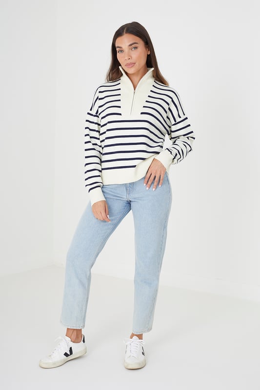 Upgrade your transitional wardrobe with this knitted jumper from Brave Soul. With a stripe design, the jumper features a half zip fastening and ribbed collar and cuffs. Team with a pair of jeans for a relaxed style. Model wears UK size S.