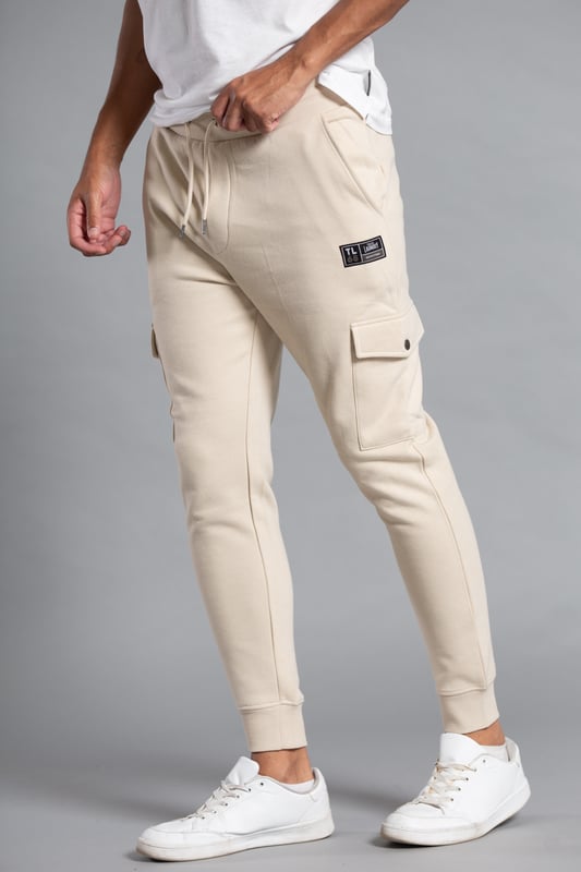 Stone Cotton Blend Cargo Style Drawstring Joggers