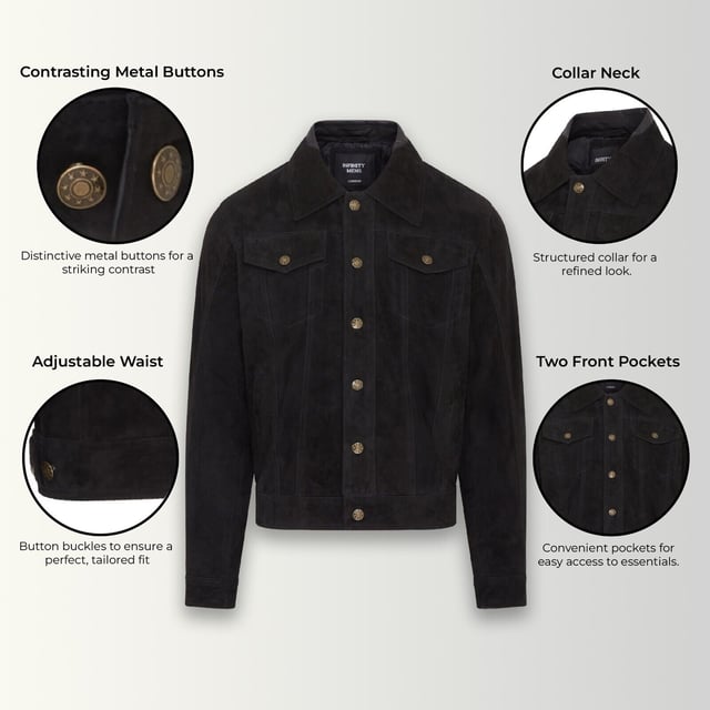 Introducing the Men's Trucker Casual Goat Suede Leather Shirt Jeans Jacket. This stylish, denim-inspired shirt is reimagined in the softest goat suede leather, offering a luxurious feel with a nod to 70's Americana. The slim-fit design makes a bold style statement, while the press button fastening, adjustable waistband, and cuffs add comfort and versatility. Perfect for pairing with your favorite jeans and boots, this retro jacket combines classic and contemporary effortlessly.

Slim fit for a modern silhouette
Press button fastening for easy wear
Adjustable waistband and cuffs for customized comfort
Soft goat suede leather for a luxurious feel
Inspired by 70's Americana for a timeless style