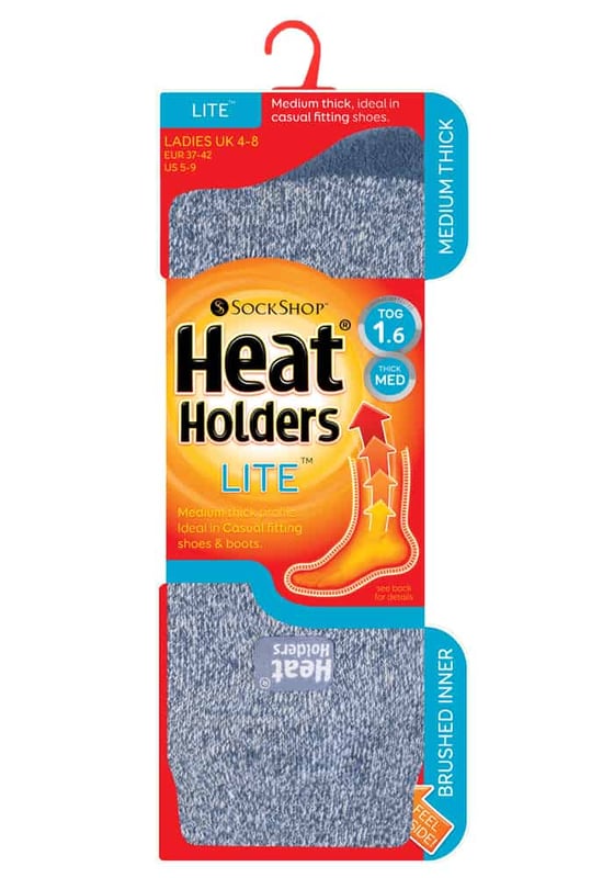 The new Heat Holders Lite Sock is finally here! Heat Holders' creators have listened to customers calls to create a thermal sock that isn't so chunky, now Heat Holders can fit into a normal dress shoe or trainer. But, a solid tog rating of 1.6 means your feet can still be extremely warm! With many fabulous marl twist styles to pick from, your feet will be elegant and warm at the same time, now who wouldn't want that? Below are some facts about these socks and the Heat Holders brand in general. Heat Holders Yarn - Our Specially developed thermal yarn provides high performance insulation against cold with superior moisture breathing abilities. Heat Holders Loops - Innovative knitting tehnology produces our unique, extra long looped cushion pile to hold in more warm air, increasing the TOG rating. Heat Holders Brushing - Finally, our expert brushing process maximises the amount of warm air held inside each sock for total warmth and all day comfort. Heat Holders Lite Tog rating - These socks are scientifically tested to be 5x Warmer than a basic cotton sock, with a tog rating of 1.6. Heat Holders Lite - This new version oh Heat Holders solves the 'to thick' element to the original Heat Holders. These Thermal Winter Socks are thin enough to fit into your everyday shoes, but thick enough to still allow Heat Holders' heat insulation techniques to work. If your struggling to get your thick Original Heat Holders into your boots or shoes then here is your answer!