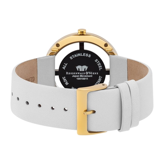 This striking women's watch from Rhodenwald & Sons masters the game with the fascinating skeleton look: between the bezel and dial shimmers the wrist of the wearer under the faceted glass. Four distinctive line indices, decorated with crystals from Swarovski®, connect the gilded bezel to the dial, the sunray effect of which makes the light gently changing. The high-quality IP coating gives the stainless steel housing maximum durability. The leather bracelet, which is coordinated and painted on the dial, completes the noble look and guarantees the highest comfort.