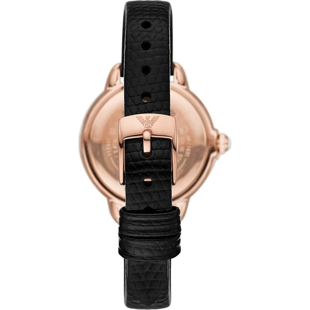 This Emporio Armani Mia Analogue Watch for Women is the perfect timepiece to wear or to gift. It's Rose Gold 32 mm Round case combined with the comfortable Black Leather watch band will ensure you enjoy this stunning timepiece without any compromise. Operated by a high quality Quartz movement and water resistant to 5 bars, your watch will keep ticking. Classic and charming watch perfect for every lady who likes to be the centre of attention. High quality 19 cm length and 11 mm width Black Leatherl strap with a Buckle Case diameter: 32 mm,case thickness: 8 mm, case colour: Rose Gold and dial colour: Silver