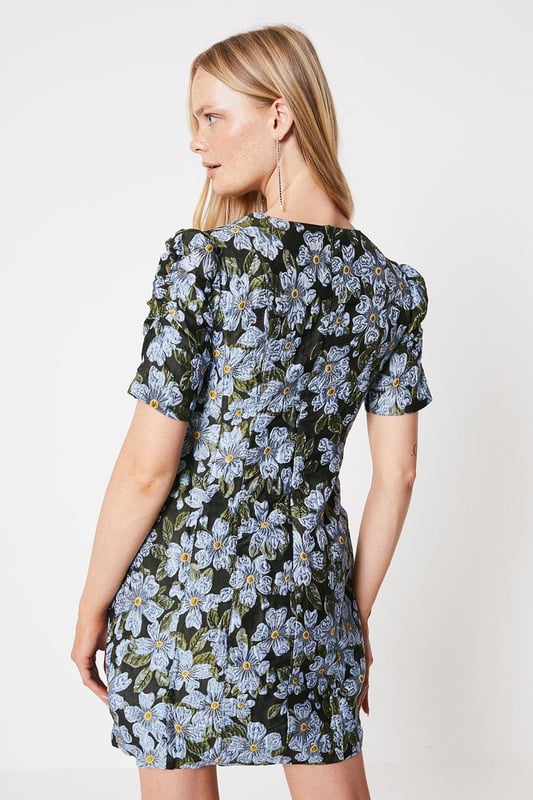 Black Floral Jacquard Puff Sleeve Mini Dress