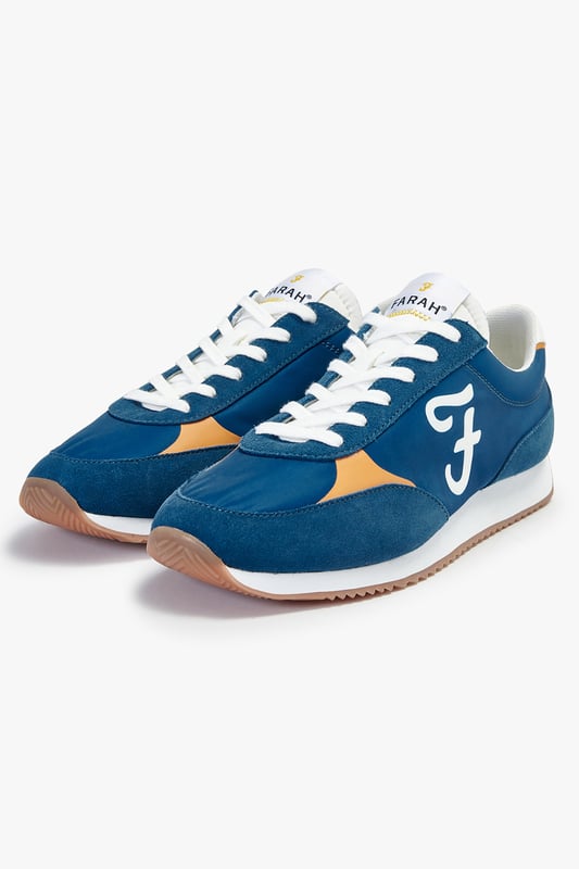 Farah Blue 'Santo' Casual Lace Up Trainers Level up your look with these runner style trainers from Farah. These shoes feature faux suede panels, a cleated contrast rubber sole, Farah logo tongue detail and a statement Farah logo on the side of the shoe. In a sleek, sporty silhouette, these trainers are the perfect addition to your new season wardrobe. Available in other colours.