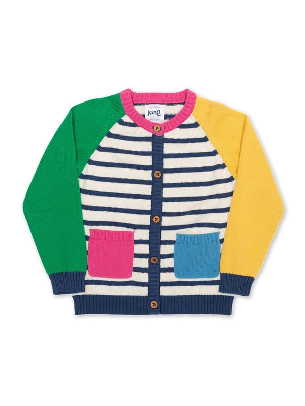 100% organic cotton | Proud to be certified to the Global Organic Textile Standard (GOTS) | Cream and navy blue knitted stripe | Featuring contrast colour sleeves, pockets and neckline | Midweight 7-gauge plain knit | Coconut button fastening | Contrast front pockets | Long sleeved | Round neck | Made in India | Machine washable at 40 degrees, or at 30 degrees to be kinder to the planet