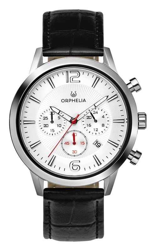 This Orphelia Tempo Chronograph Watch for Men is the perfect timepiece to wear or to gift. It's Silver 43 mm Round case combined with the comfortable Black Leather watch band will ensure you enjoy this stunning timepiece without any compromise. Operated by a high quality Quartz movement and water resistant to 5 bars, your watch will keep ticking. GREAT DESIGN: Orphelia Tempo Chronograph watch with a Miyota Japanese Quartz movement includes a Date display. This watch features a Stopwatch, a 24 hour display  and Luminous Hands. Wear this speacial designed watch daily as a polished yet functional finish PREMIUM QUALITY: By using high-quality materials, Glass: Mineral Glass, Case material: Stainless steel, Bracelet material: Crocodile-embossed Leather- Water resistant: 5 bars COMPACT SIZE: Case diameter: 43 mm, Height: 10 mm, Strap- Length: 23 cm, Width: 19 mm. Due to this practical handy size, the watch is absolutely for everyday use-Weight: 62 g