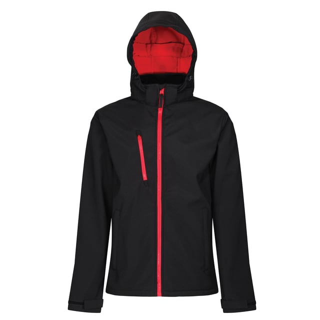 Material: 100% Polyester. Stoff: Softshell, gewebt. Muster: Einfarbig. Stoff-Technologie: Atmungsaktiv, Wasserabweisend, Windbeständig, XPT. Manschette: Verstellbar. Ausschnitt: Kapuze. Ärmel-Typ: Langärmelig. Kapuzen-Merkmale: Kordelzug, Angewachsene Kapuze. Taschen: 2 untere Taschen, 1 Brusttasche, Reißverschluss. Verschluss: Kontrastierender Reißverschluss, durchgehender Reißverschluss.