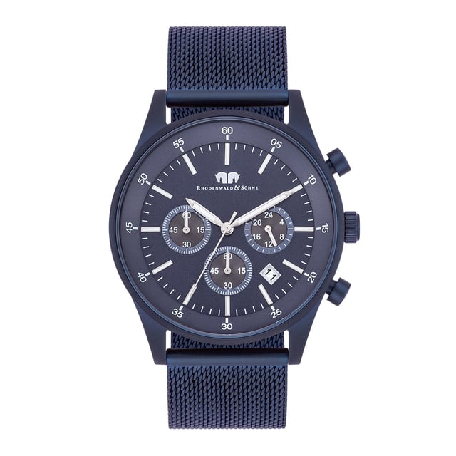 The premium men's watch from the Rhodenwald & Söhne manufactory combines the look of legendary chronograph master's works with a contemporary material concept. The popular functions of 24-hour display, stopwatch and date are integrated into a classic tricompax arrangement-a suitable companion for a business suit as well as to casual jeans. The model inspires with a hard-wearing stainless steel housing with a satin IP coating, bezel, strokes, sticker and precise quartzrugwerk. The highlight is the filigree mesh look of the noble Milanais bracelet made of ion splatted stainless steel.