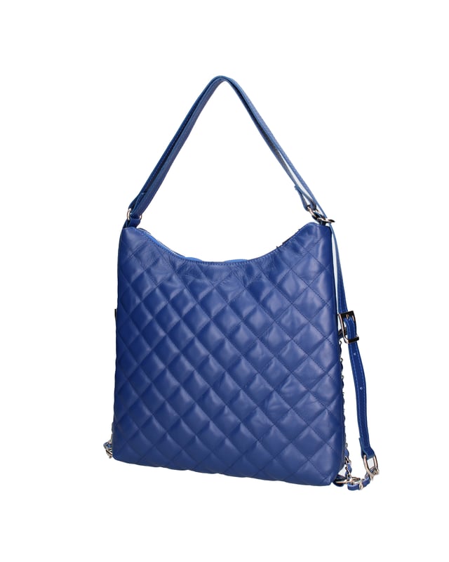 Bolsa de hombro convertible en la mochila femenina. El cierre es con zip. Los bolsillos internos son uno con zip y dos abiertos. Los bolsillos externos están ausentes. La correa del hombro está ausente. El mango está en cuero. Los compartimentos internos son uno. El material externo es verdadero cuero de sauvage acolchado. Está alineado internamente en 70% de tela de algodón: 30% de poliéster. Medidas: 30x31x6 cm. Hecho en Italia