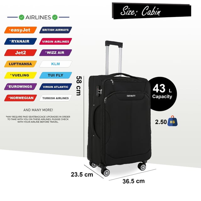 Upgrade uw reisbenodigdheden met de 8-wiel lichtgewicht zwarte koffers, ontworpen voor stijl, duurzaamheid en bruikbaarheid. Deze soft-shell bagageset is gemaakt van hoogwaardig nylon en biedt een strak uiterlijk en uitzonderlijke prestaties voor al uw reizen. Kenmerken: Lichtgewicht nylon materiaal: Duurzaam maar lichtgewicht, waardoor het gemakkelijk te hanteren is en langdurig gebruik garandeert. Soft-Shell ontwerp: Biedt flexibiliteit en veerkracht om schokken tijdens het reizen te absorberen. Veilig TSA-slot: Houdt uw bezittingen veilig en TSA-conform voor naadloze veiligheidscontroles op de luchthaven. 4X dubbele wielen met 360° mobiliteit: Zorgt voor moeiteloze manoeuvreerbaarheid over verschillende oppervlakken. Ergonomische telescopische handgreep: Ontworpen voor comfort en eenvoudige bediening. Georganiseerd interieur: Inclusief spanriemen, compartimenten met rits en gaasverdelers voor probleemloos inpakken. Beschikbare maten en specificaties: Cabine: Afmetingen: 36,5 x 23,5 x 58 cm Gewicht: 2,50 kg Capaciteit: 43L Medium: Afmetingen: 42 x 26 x 67 cm Gewicht: 3,40 kg Capaciteit: 64L Groot: Afmetingen: 48 x 30 x 76 cm Gewicht: 4,30 kg Capaciteit: 98L Deze veelzijdige koffers zijn perfect voor alle soorten reizen, of het nu een korte reis of een langere vakantie is. Het strakke zwarte ontwerp zorgt voor tijdloze elegantie, terwijl de lichtgewicht constructie en geavanceerde functies ongeëvenaard gemak bieden. - Let op: Selecteer de gewenste maat. Maten worden afzonderlijk verkocht, niet in sets.