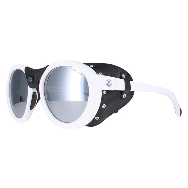 Moncler Round Unisex White Black Leather Grey Silver Mirror ML0046  Sunglasses are a round style crafted from lightweight acetate . These have removeable leather side inserts for extra protection and the Moncler logo on the temples.