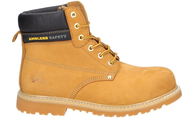 Tough and hardwearing goodyear welted safety boot made with leather upper, steel toe & midsole, padded collar and nitrile rubber outsole  -Hardwearing steel toe cap boot with mid-sole protection. -3 eyelets, ankle high speed lacing + hem eyelet for extra support. -Padded collar and tongue for comfort. -Pull on loop. -Goodyear welted rubber sole -Conforms to EN ISO 20345:2011 safety footwear standards -Safety Footwear Category: SB-P. -Toe protection tested to 200 joules impact. -Penetration resistant steel midsole tested 1100 newtons. -Passes SRA Slip Resistance Standards.