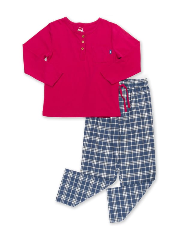 100% organic cotton | Proud to be certified by Control Union to the Global Organic Textile Standard (GOTS) | Peony single jersey top and navy blue brushed cotton flannel check bottoms | Two-piece set | Chest pocket | Long sleeved | Elasticated waistband with adjustable ties | Front placket neck opening with coconut buttons | Made in India | Machine washable at 40 degrees, or at 30 degrees to be kinder to the planet