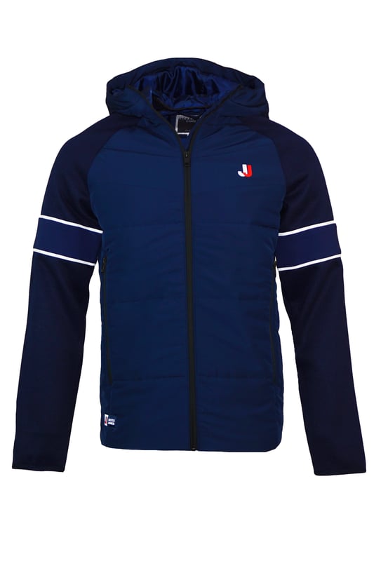 Veste matelassée sportive avec capuche, poches latérales zippées et logo imprimé en coupe régulière.