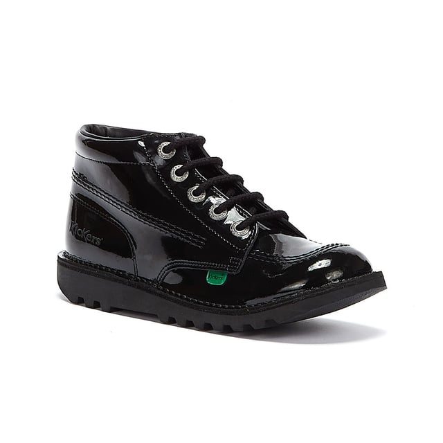The Kickers Kick Hi Kids Shoe has been on trend since 1975.  With its trademark rubber sole, brass eyelets, and triple stitching for a great classic look.  Now With a Patent leather shiny upper and Trademark Red and Green Tab on side.  Added Kickets Fleurette with a high collar and durable sole for added support.