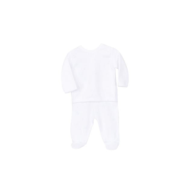 Baby set Babidu.
 White color
 Long sleeve and long pants set.
 Round neck with ribbed finish.
 Back closure by buttons.
 Prints on the front.
 Seams seen in tone.

 Composition: 100% Cotton

 Wash at maximum temperature 40º
 -Do not use bleach
 -Support iron
 -Tumble dry low
 Composition: 100% cotton
 Care:
Wash at maximum temperature 40º
 -Do not use bleach
 -Accepts iron
 -Dry at low temperature