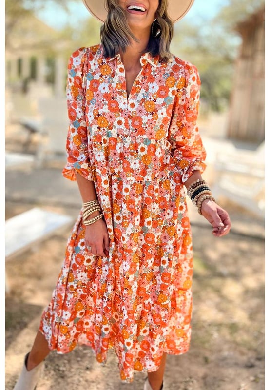 Mehrfarbiges Blumenmuster im Boho-Stil Kragenausschnitt Lange Ärmel Hoch tailliertes Design V-Ausschnitt Feminin und elegant Material: 100 % Polyester