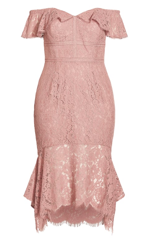 One-up everyone in the laced seduction of the Angel Lace Dress. Pure drama from head to toe, kick off any event flaunting your curves in an intricately embroidered sweetheart mermaid flare! Key Features Include: - Off shoulder neckline - Elasticated frill sleeve coverage - Invisible back zip closure - All-over lace fabrication - Light boning to bodice for shape - Satin lined - Close fit - Fishtail-style tiered hemline with scalloped edges - Midi length Accessorize with delicate rose gold accents and a blush lip.