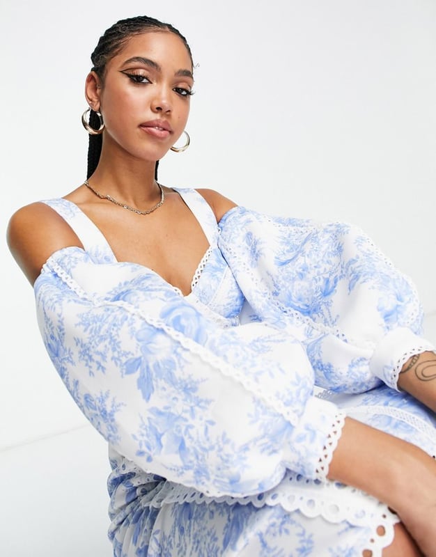 ASOS DESIGN lace trim volume sleeve midi dress in tulle de jour