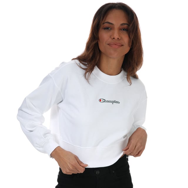 Women s Champion Script Logo Cropped Boxy Sweatshirt in White