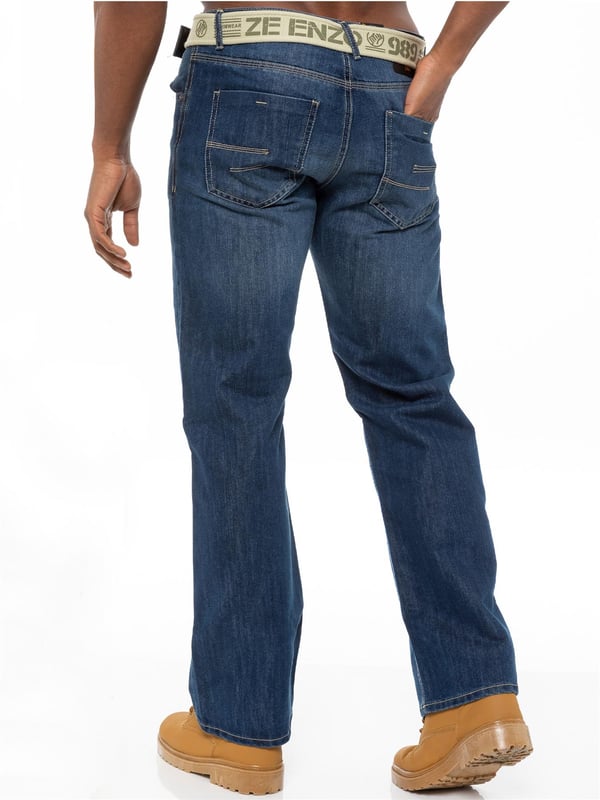 Capture the season’s most relaxed trend with straight fit men’s regular jeans crafted in cotton blend denim. This easy to wear designer style is cut the same width from the thigh through to the ankle and will suit almost every body shape. The multi-pocketed design is detailed with Enzo jeans branded metal buttons and studs; these men’s designer jeans come complete with an Enzo jeans belt to finish the look.