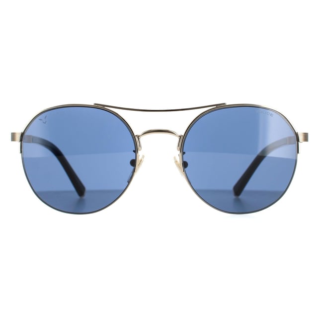 Las gafas de sol Police Aviator Men's Shiny Light Gold Blue SPLA24 Lewis 03 son unas elegantes gafas de aviador con lentes redondas, doble puente y montura semi al aire. Las patillas metálicas llevan grabado el logotipo de Police.