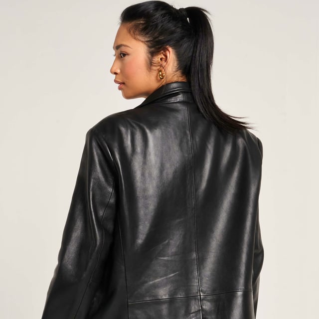Barneys Originals Real Leather Oversized Blazer In Black.