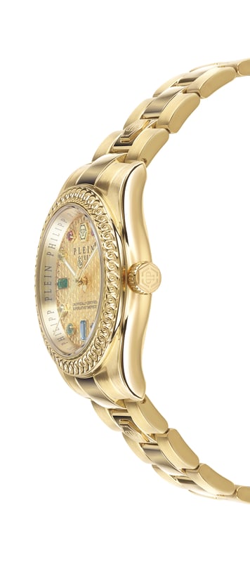 Dit Philipp Plein Dames horloge beschikt over een Quartz binnenwerk. De kast (36 mm mm) is vervaardigd uit RVS (Goudkleurig) en heeft een Mineraalglas. De band is Goudkleurig RVS. Dit horloge uit de Philipp Plein Queen reeks is een mooi en tijdloos geschenk. Verras jezelf of iemand anders met dit cadeau. Bovendien geniet u hierbij van 2 jaar garantie tegen alle fabricagefouten.