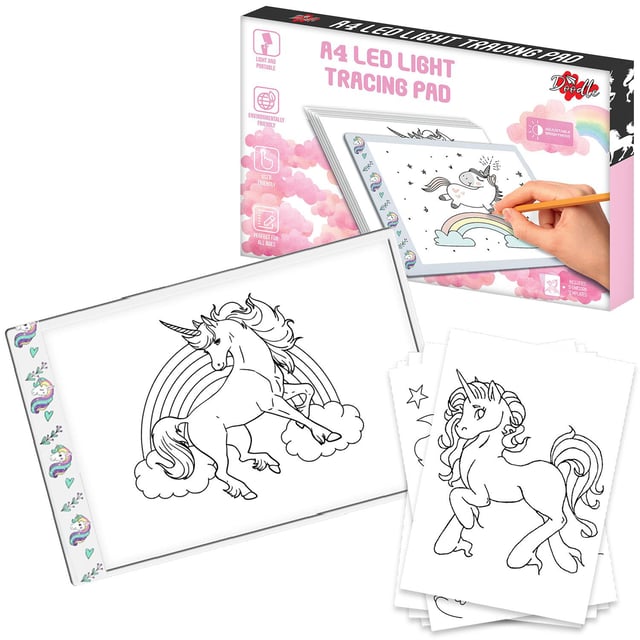 Doodle A4 Ultra-Thin Portable LED Tracing Pad with USB Cable Unicorn.  Whether you are a professional artist or an amateur, take your drawings to the next level with this versatile Doodle LED Tracing light pad. The back-lit background makes it incredibly easy to trace drawings or add to existing works.  Ultra-Thin and Portable: Lightweight (400gm) and ultra-thin (0.5cm) drawing board, you can carry anywhere anytime. The illumination is perfectly even, super bright, and flicker-free.  Adjustable brightness can be set as per your need. Just long-press the power button for step-less dimming on the board and you can set the brightness.  There is horizontal and vertical scaling that helps a lot while sketching.  LED Drawing Board can be connected to a laptop, power-banks, adapters, etc to make use with 2.8W power consumption.  Eyesight protective LED board is a flicker-free and eco-friendly LED. No more sore eyes after long-hour work. amiciVision drawing board

Features :
Acrylic durable strong panel.
A super bright light shines through most types of paper.
One-touch brightness settings.
USB power connection.
Convenient for use on a desk or on your lap.
The touch switch makes it simple to use and turn on or off.
Easily assembled, carried, and stowed away.
Product Material: Acrylic
Power Source: USB Charger (5V-12V/DC)
Light Source: LED light
Screen Size (Diagonal) : 16 Inches/38.6 cm
Screen Resolution : 3840 x 2160
Age Recommendation: 6 years above

Includes:  1x drawing board, 1x USB cable (1.5mlong) and 1x user manual