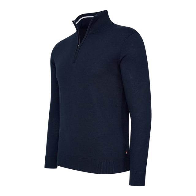 Jersey con cremallera Cappuccino Italia Bergamo para hombre. El jersey está confeccionado con un 50% de algodón y un 50% de poliéster y tiene un corte recto. El jersey tiene cuello alto, que puede abrirse o cerrarse con una cremallera a su gusto.  Marca: Cappuccino ItaliaNombre del modelo: Bergamo Zip Pullover (con cuello camisero)Categoría: jersey de hombreMateriales: algodón, acrílicoColor: azul marino, blanco