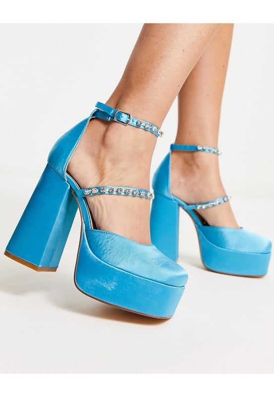 London Rebel mega platform embellished heeled shoes in blue satin