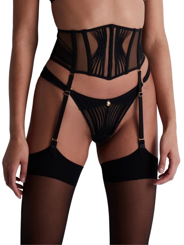 Aubade X Cindy Bruna Sumptuous Waves Waist Cincher. Part of the Cindy Bruna Aubade Collection. High rise waist cincher with detachable suspenders, sheer tulle, embroidery and comfortable underwiring. This product is hand-wash only.