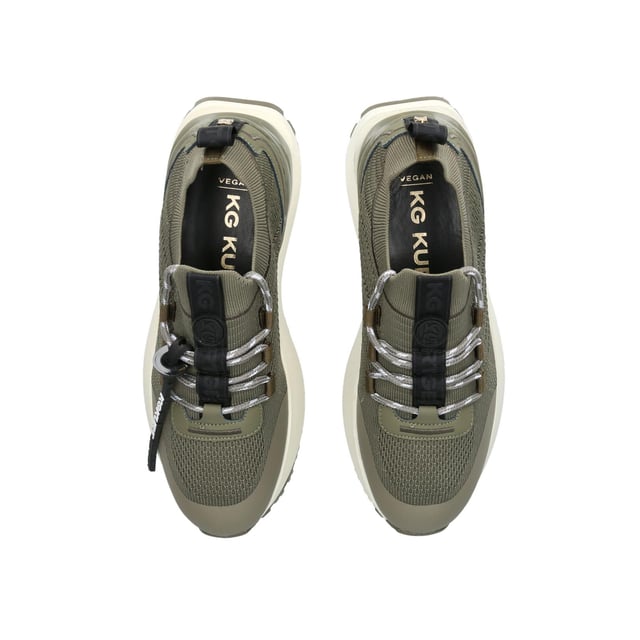 The KG Kurt Geiger Lux is a knitted style sneaker in khaki. The tubular style laces tie at the front whilst there are black branded tabs at the front and back of the ankle.