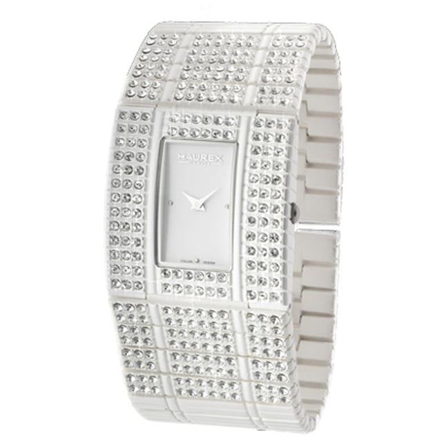 Haurex italy: honey women's watch - white dial, pvd white ss bracelet w swarovski