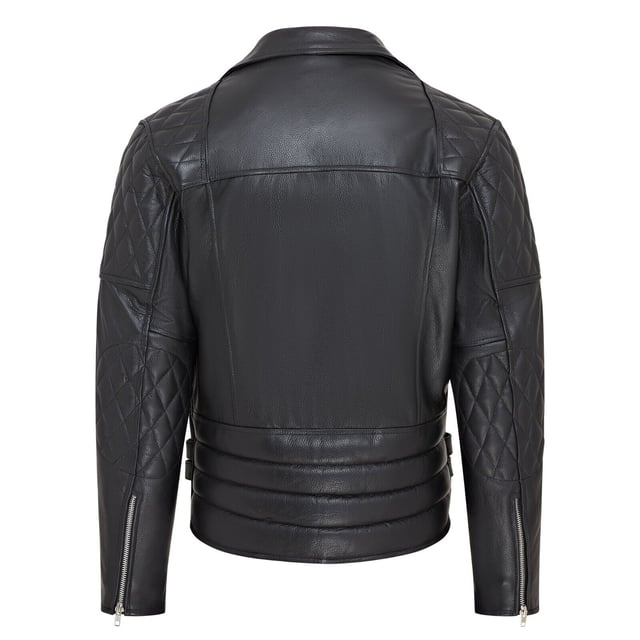 Introducing the Men's Biker Leather Jacket, a stylish nod to the classic Brando look. Crafted from durable cowhide, this striking jacket channels the iconic style made famous by Marlon Brando in "The Wild One." It features a chunky chrome YKK zip front over a double-breasted block with wide notched lapels. The diamond quilt-stitched panels on the shoulders and elbows provide extra protection, while zipped gauntlet cuffs allow for glove room. Inside, you'll find a quilted satin lining with two leather-trimmed pockets, one of which is zipped.

Slim Fit
Studded Lapels
Genuine 100% Leather
3 External Zipped Pockets, Two internal pockets
Off Centre Zip Fastening
