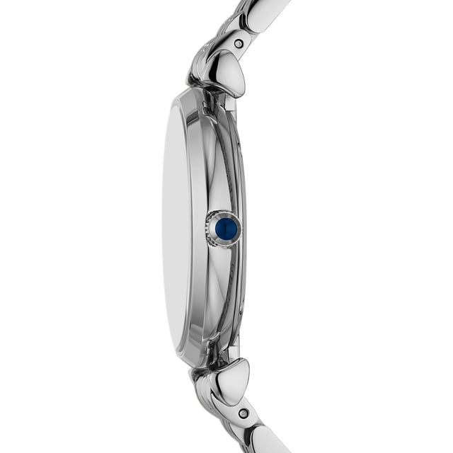 This Emporio Armani T-bar Analogue Watch for Women is the perfect timepiece to wear or to gift. It's Silver 32 mm Round case combined with the comfortable Silver Stainless steel watch band will ensure you enjoy this stunning timepiece without any compromise. Operated by a high quality Quartz movement and water resistant to 5 bars, your watch will keep ticking. Classic and charming watch perfect for every lady who likes to be the centre of attention. High quality 19 cm length and 13 mm width Silver Stainless steell strap with a Deployment clasp Case diameter: 32 mm,case thickness: 7 mm, case colour: Silver and dial colour: Blue