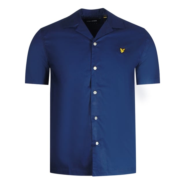 Camisa azul marino de Lyle & Scott, hecha en China, 100% algodon, manga larga, corte estandar, se ajusta a la talla real, cierre con botones, camisa resort
