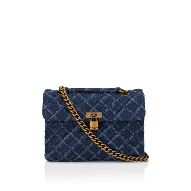 The Kurt Geiger Brixton Lock Bag is crafted from a denim with frayed quilted design. There is an antiqued brass branded padlock on the front flap. 17cm (H), 26cm (L), 8cm (D) Strap drop cross body: 108cm Strap drop shoulder: 65cm